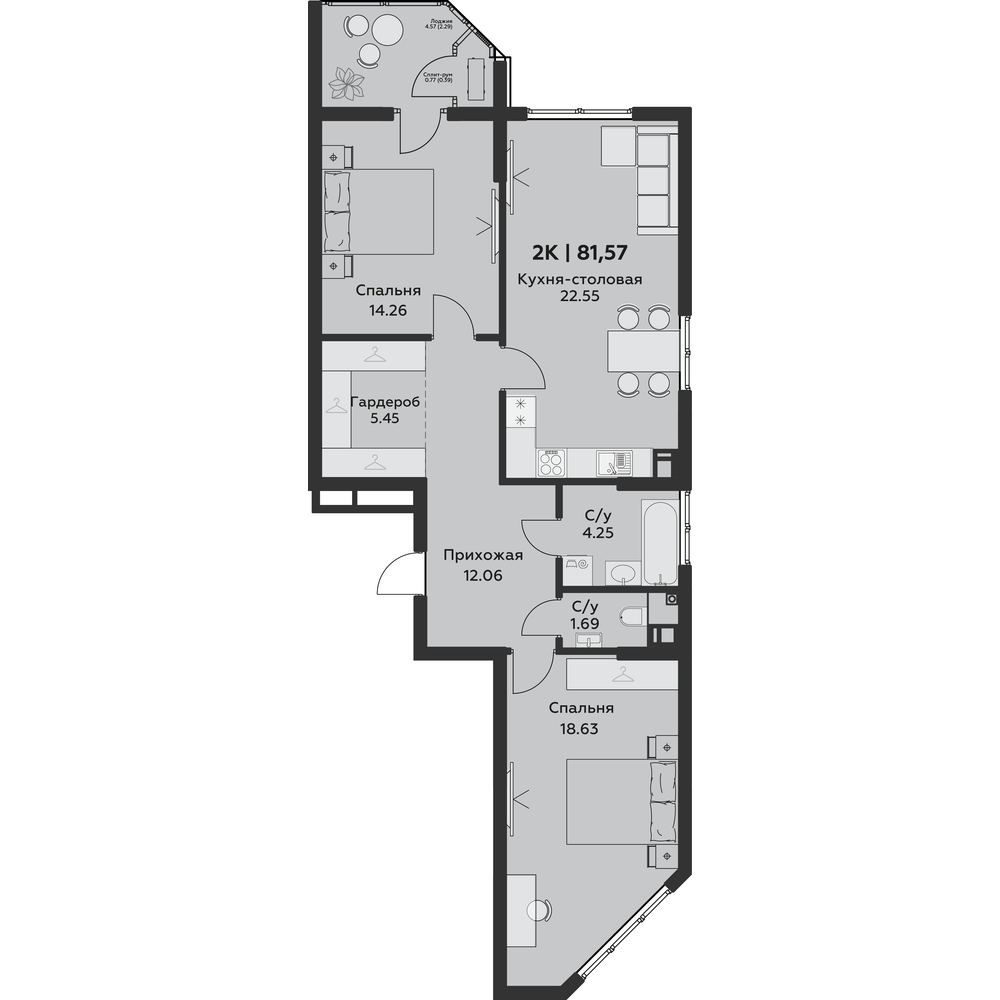 Двухкомнатная квартира в ЖК Эра: план 81,57 м²