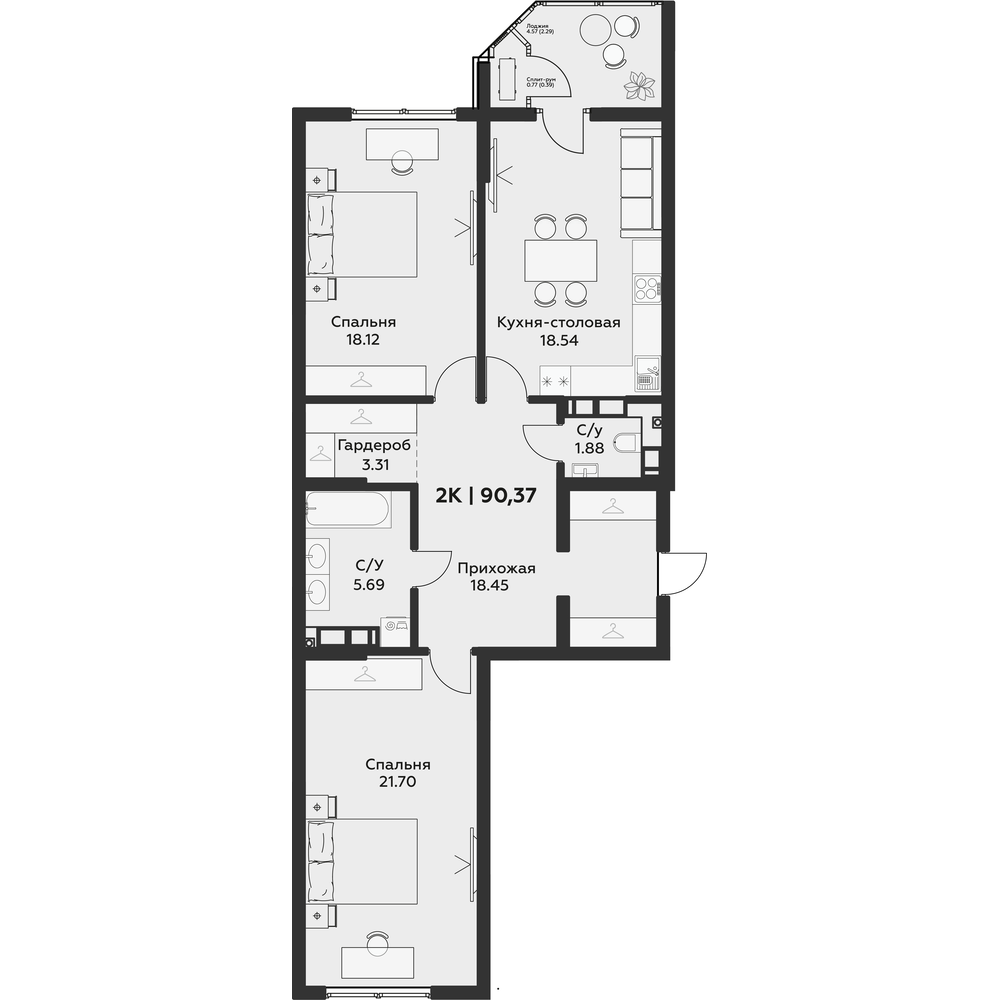 Двухкомнатная квартира в ЖК Эра: план 90,37 м²